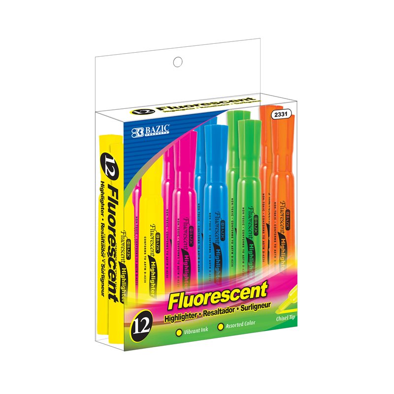 BAZIC Fluorescent Highlighter - Assorted Colours - Box of 12