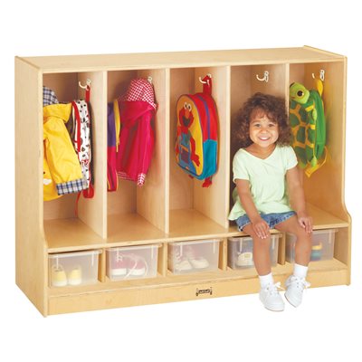 Jonti-Craft® Toddler 5 Section Bench Coat Locker with Clear Trays